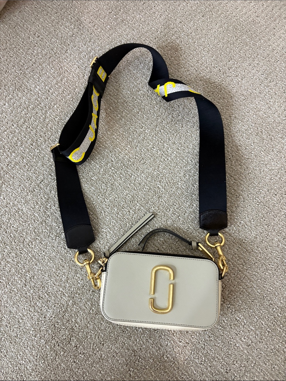 Marc Jacobs Cream Snapshot Camera Bag with Black Strap and Yellow Accents